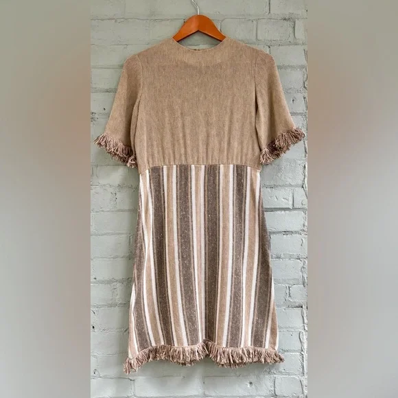 Vintage Woven Beige Striped Knit Midi Dress with Fringe - Picture 6 of 9